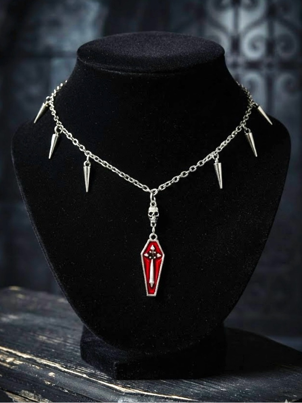 Hand Crafted Spike Chain Necklace with Red Coffin Pendant